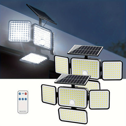 2 piezas de luz exterior con sensor de movimiento solar súper brillante, reflector, cuatro modos de ajuste, ajuste automático inteligente, control remoto